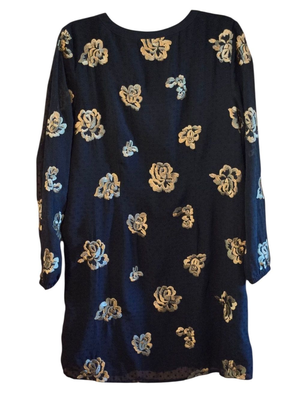 Cabi 3697 Black Swiss Dot Floral Dress M Green Metallic Long Sleeve Lined Shift